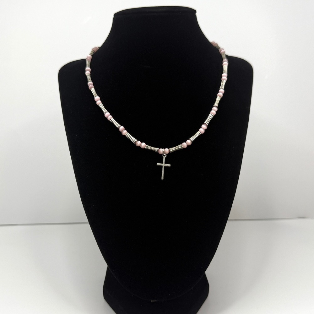 Pink Glass Beaded Cross Charm Pendant Necklace Silver Tone Fashion Jewelry 8 in